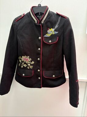 Black Embroidered Military-Style Jacket with Red Trim